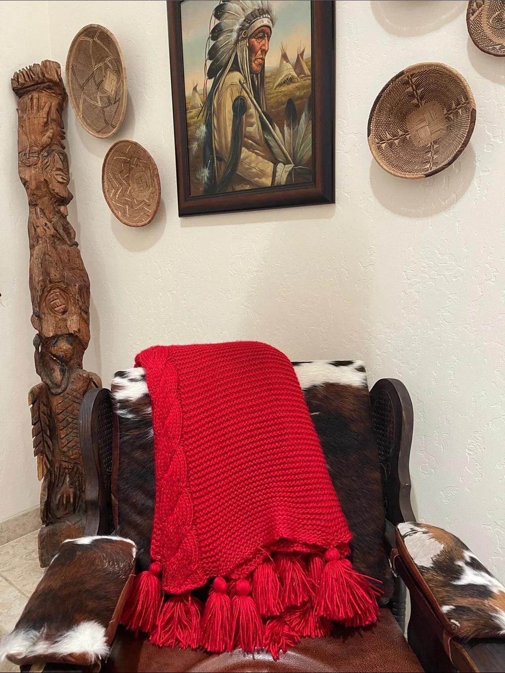 Red Chunky Knit Throw Blanket with Braided Edge & Tassels 62 x 54.